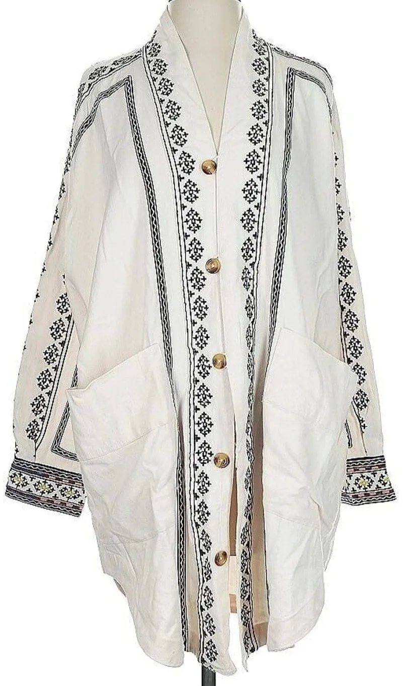 NWT Anthropologie Women’s Cream White Black Embroidered Long Kimono Tunic – Size Small