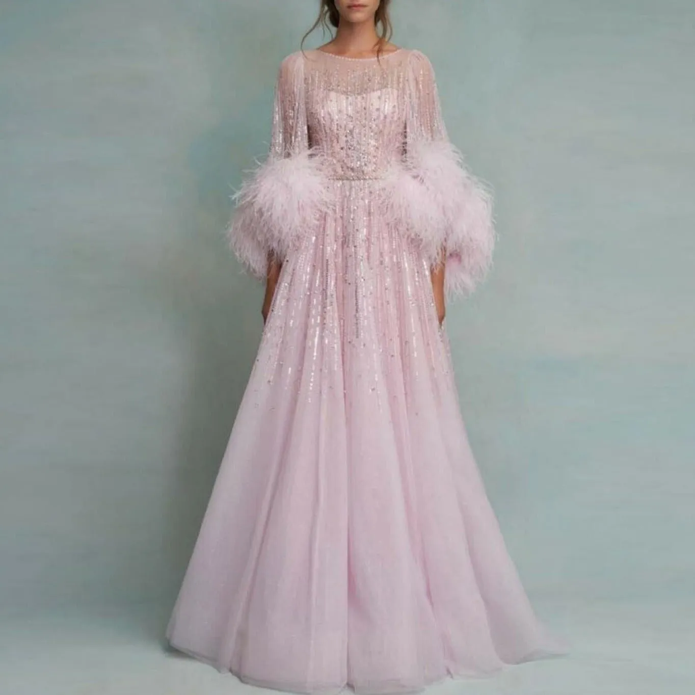 O-Neck A-line Women Pink Long Sleeve  With Feathers Prom Gown
