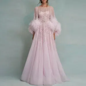 O-Neck A-line Women Pink Long Sleeve  With Feathers Prom Gown