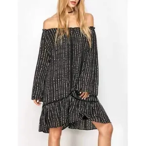 Off Shoulder Printed Tunic Dress - Black L