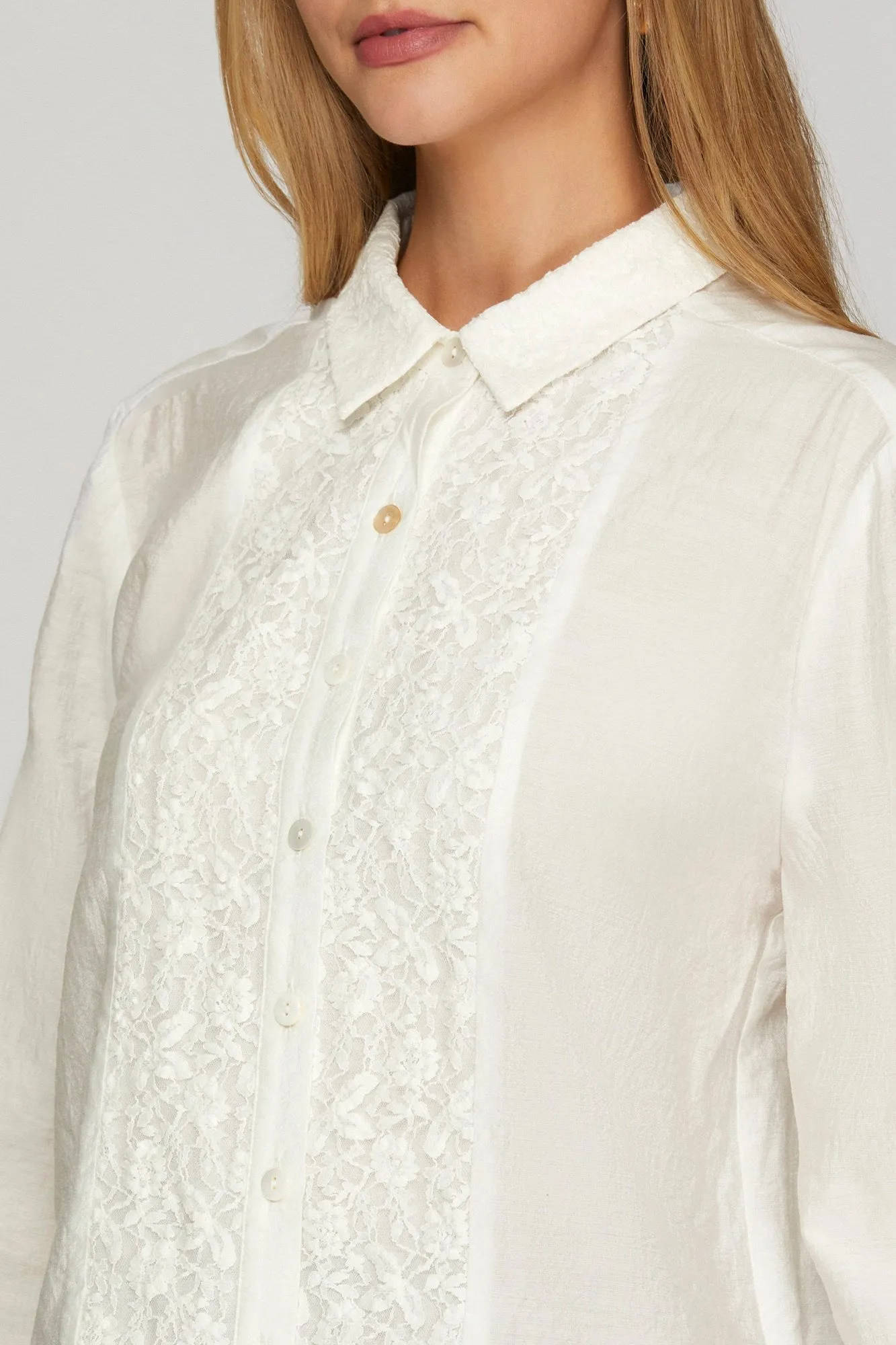 Off White Lace Front Classic Button Down Shirt