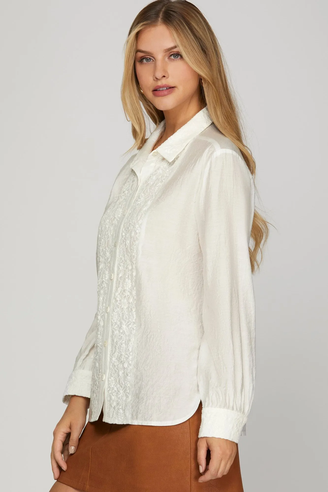 Off White Lace Front Classic Button Down Shirt