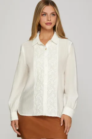 Off White Lace Front Classic Button Down Shirt