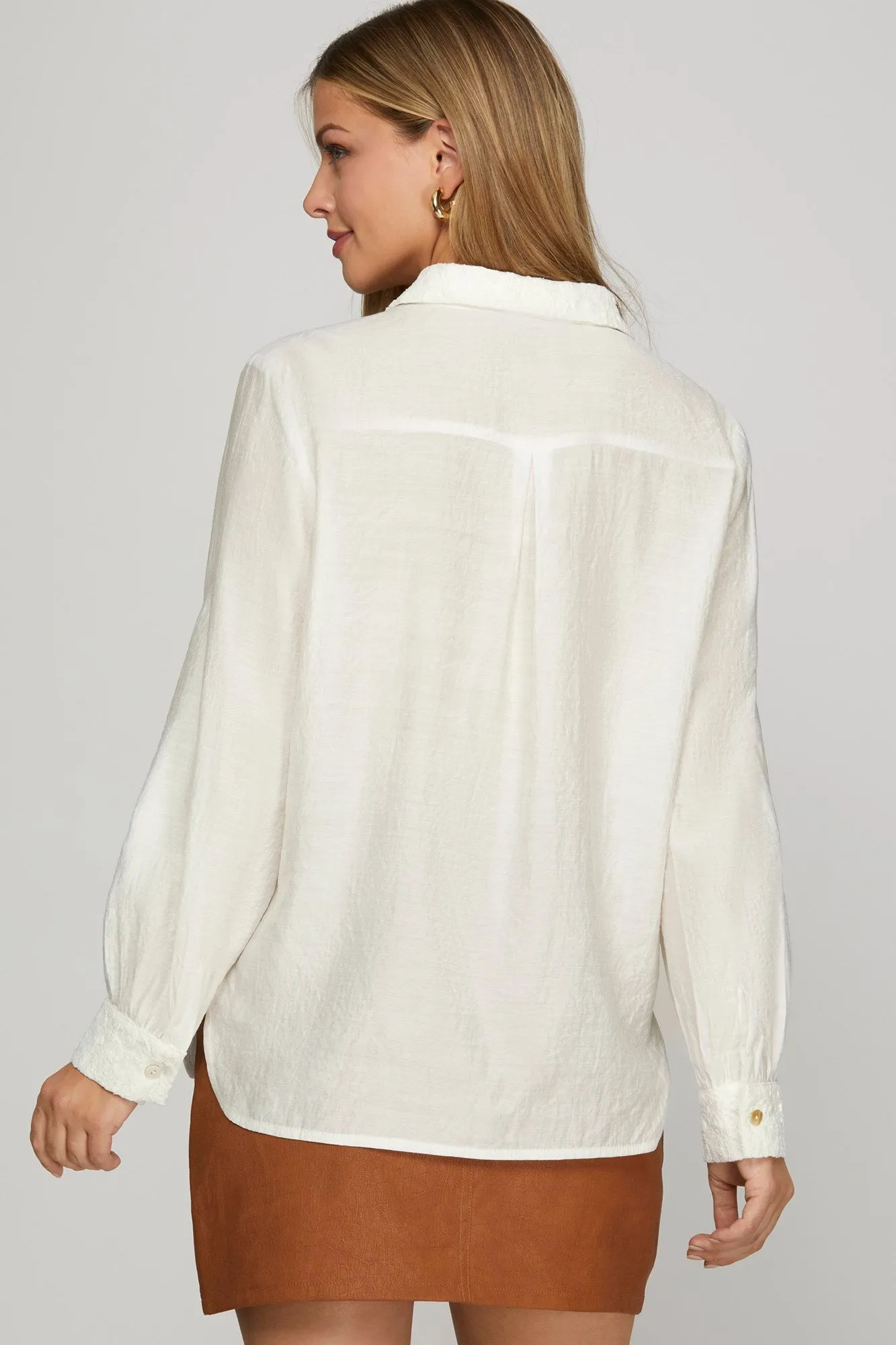 Off White Lace Front Classic Button Down Shirt