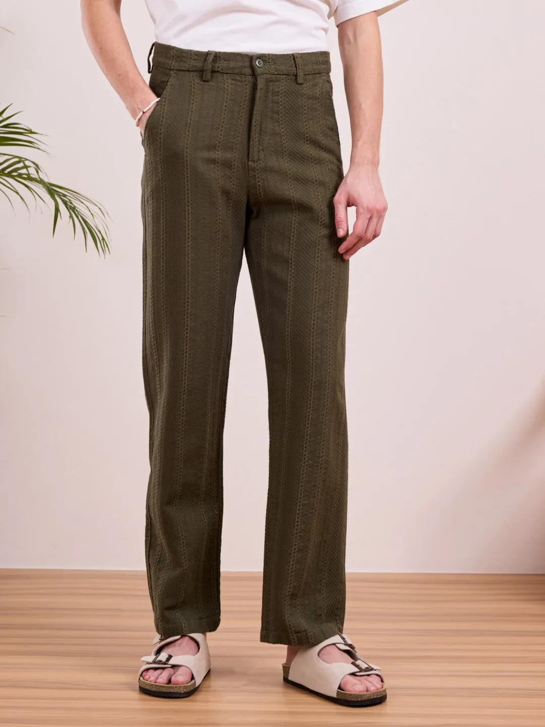 Olive Twill Loose Fit Pants