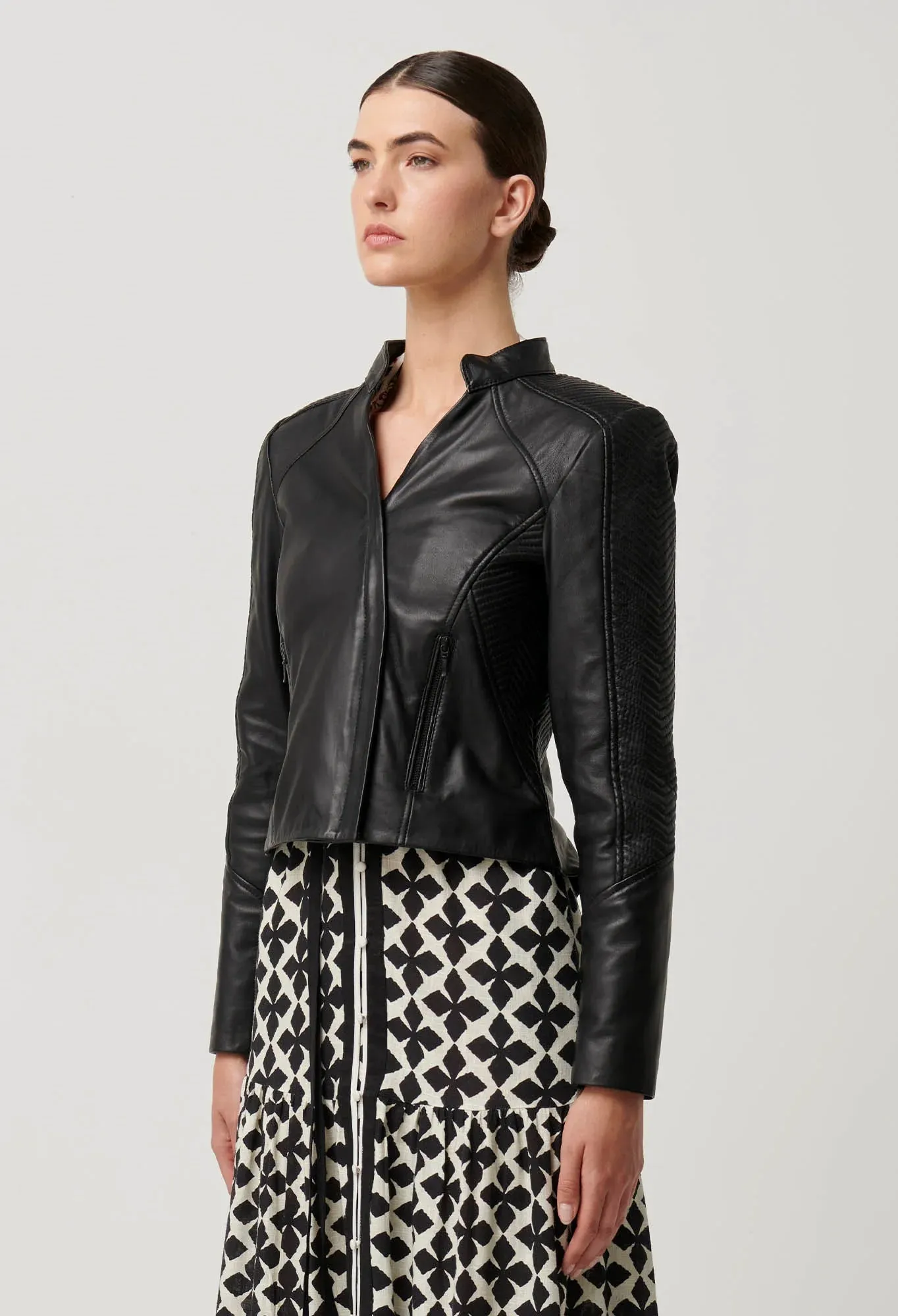 Once Was - Blaire Leather Herringbone Stitch Jacket in Black