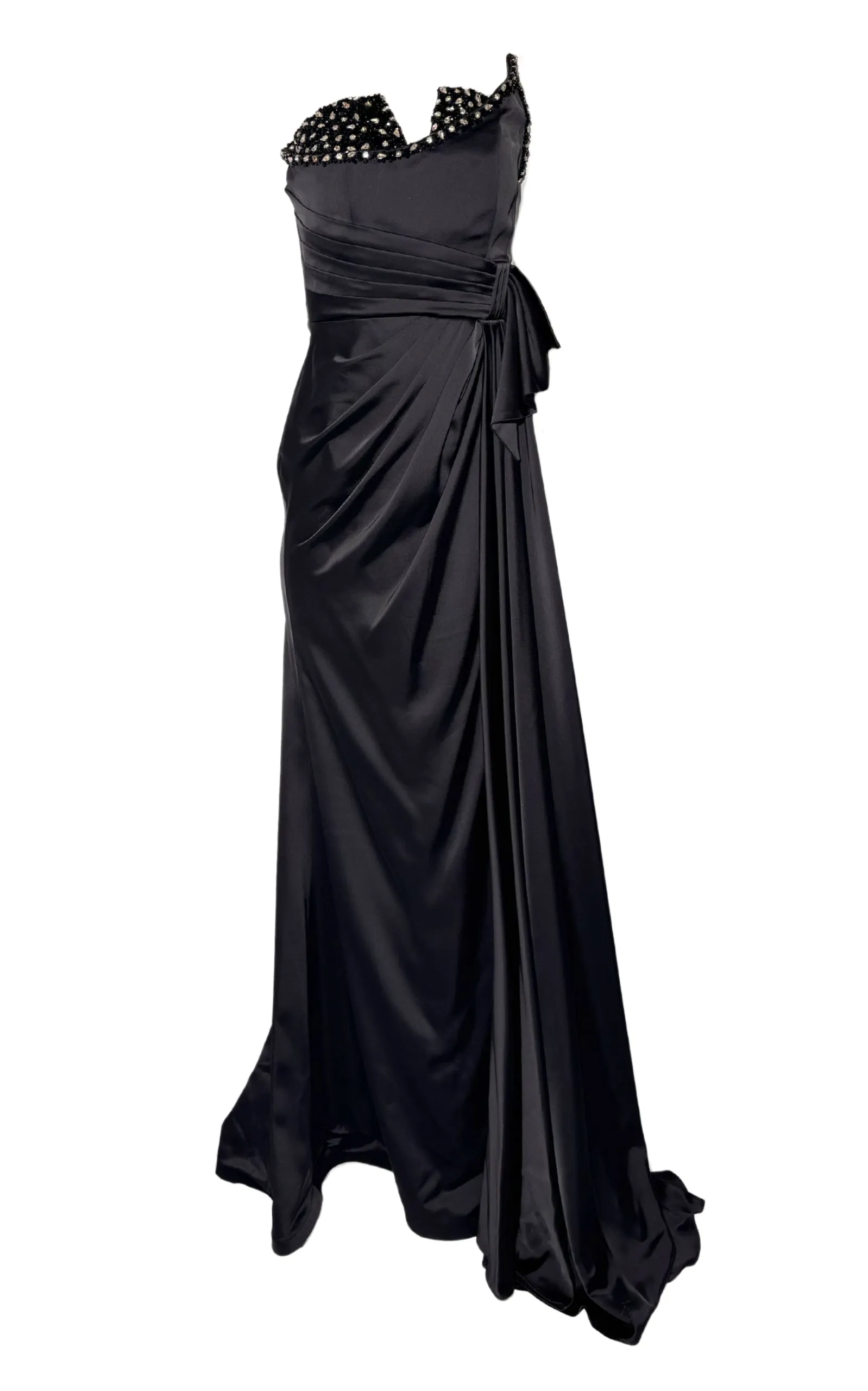 One Shoulder Black Satin Draped Corset Dress