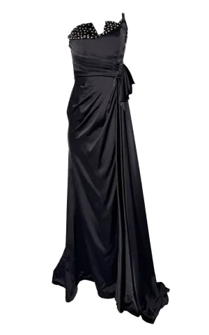 One Shoulder Black Satin Draped Corset Dress
