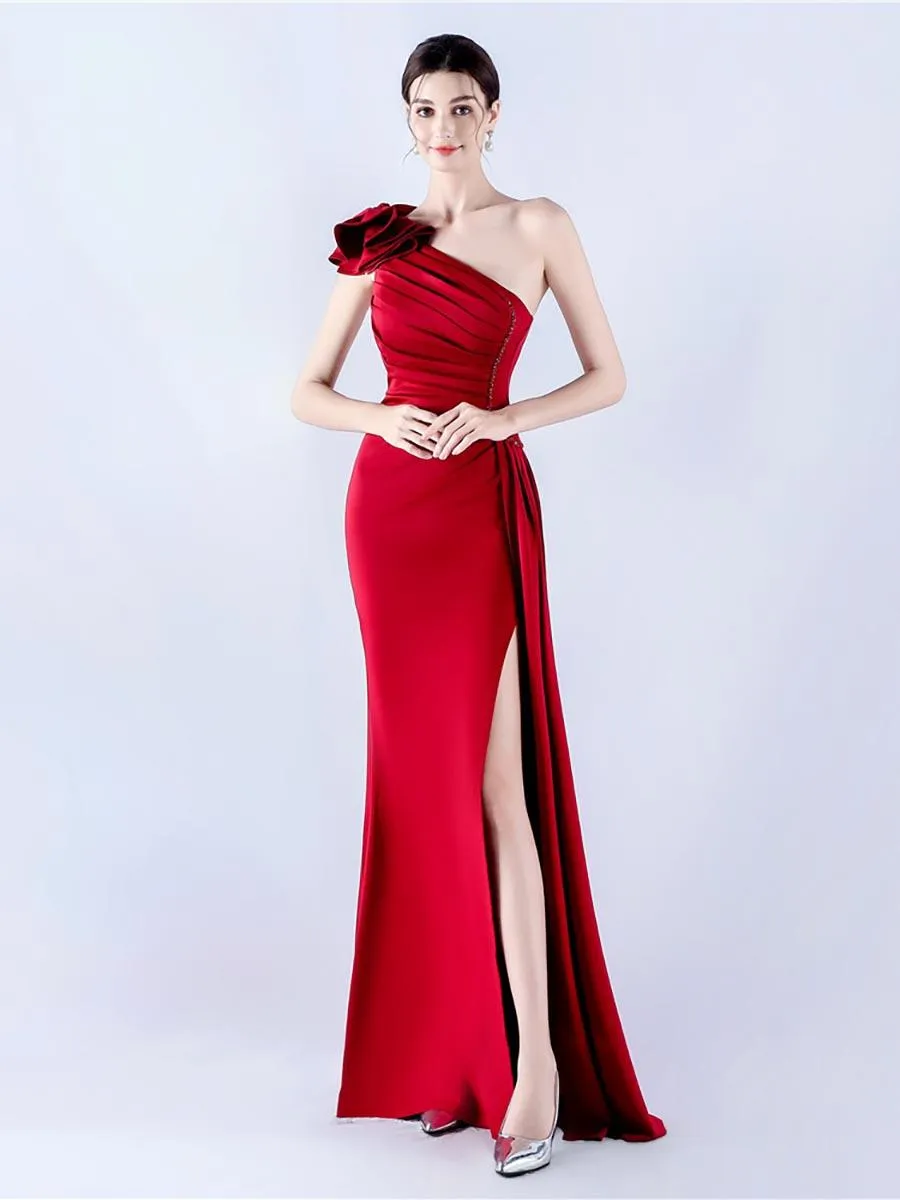 One Shoulder Flower Pleated Draped Prom Dress MYN1002