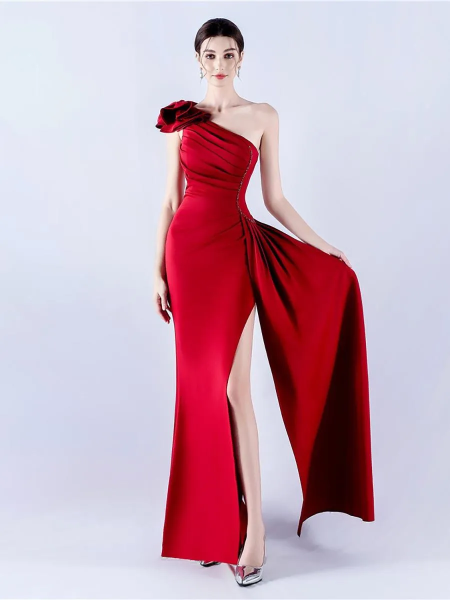 One Shoulder Flower Pleated Draped Prom Dress MYN1002