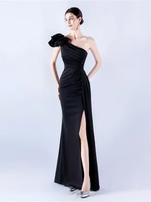 One Shoulder Flower Pleated Draped Prom Dress MYN1002