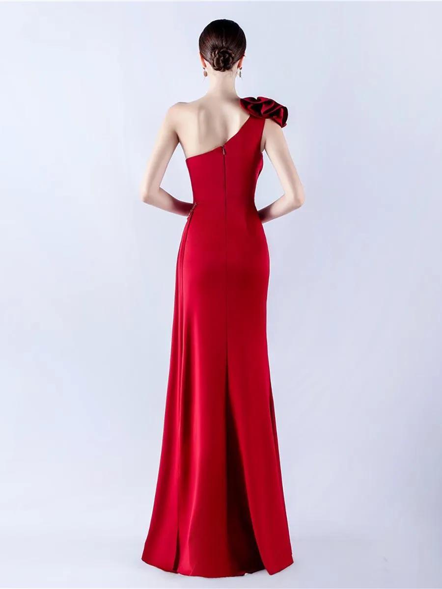 One Shoulder Flower Pleated Draped Prom Dress MYN1002