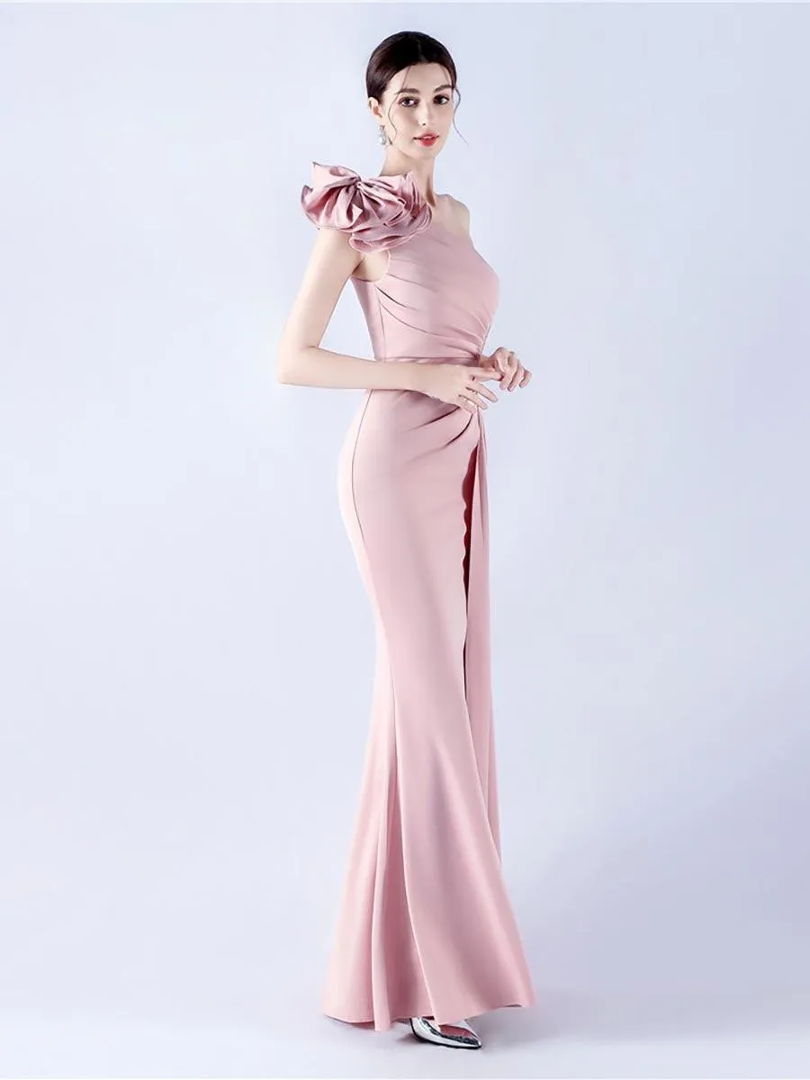 One Shoulder Flower Pleated Draped Prom Dress MYN1002