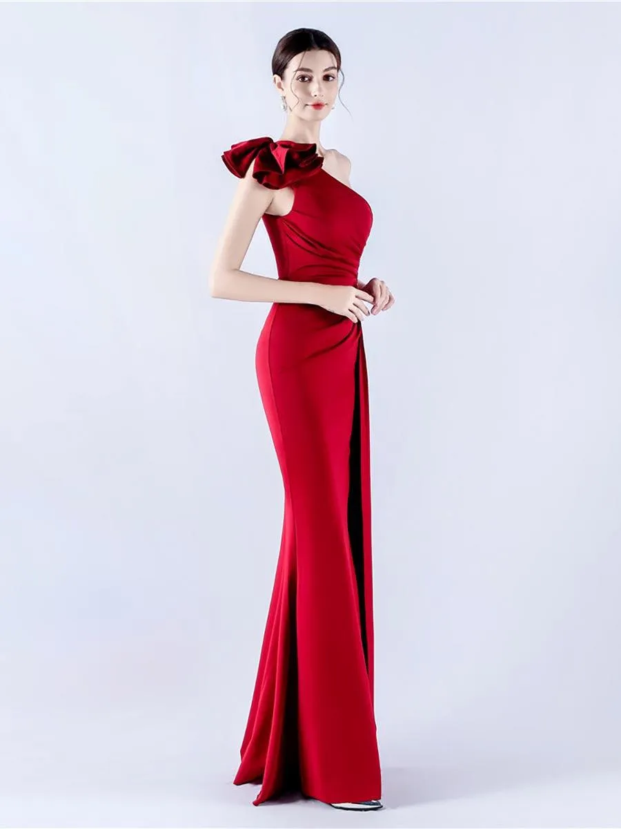 One Shoulder Flower Pleated Draped Prom Dress MYN1002