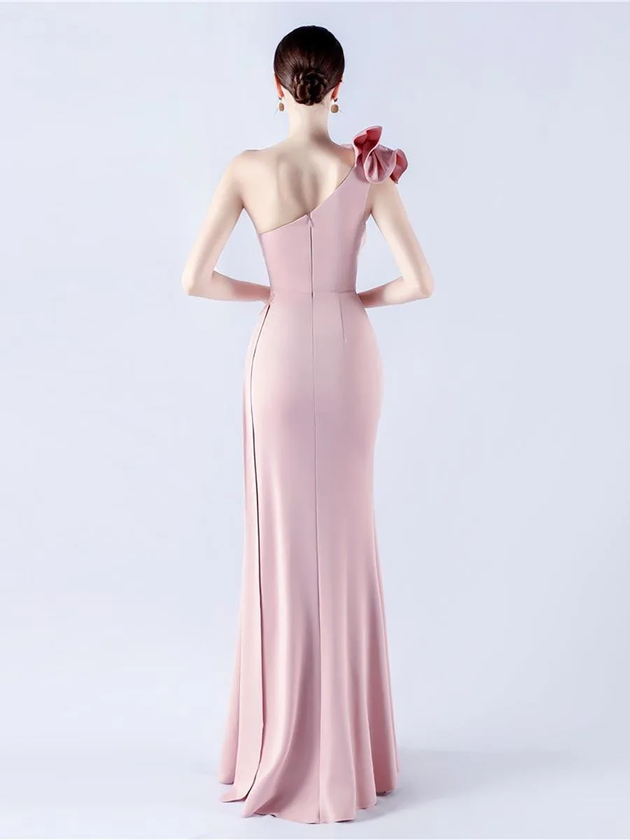 One Shoulder Flower Pleated Draped Prom Dress MYN1002