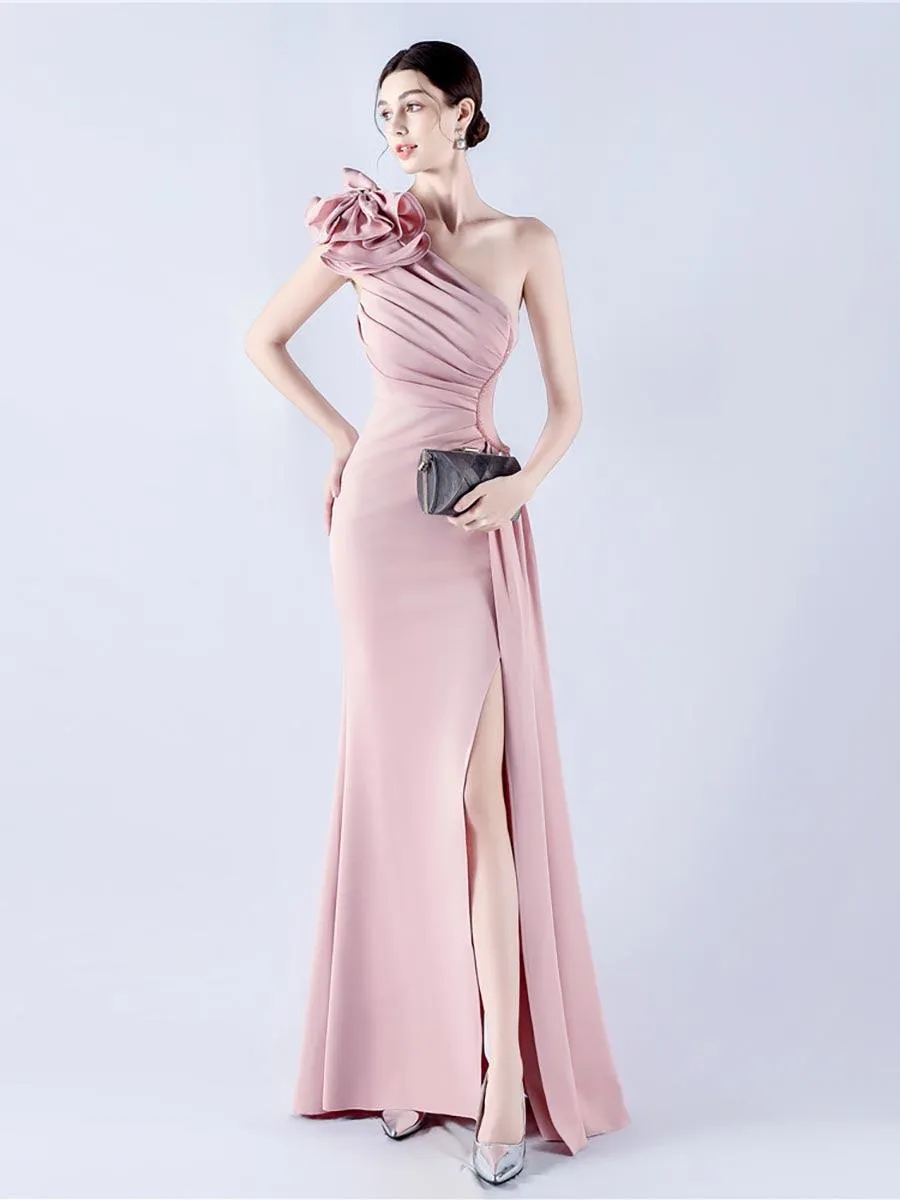 One Shoulder Flower Pleated Draped Prom Dress MYN1002