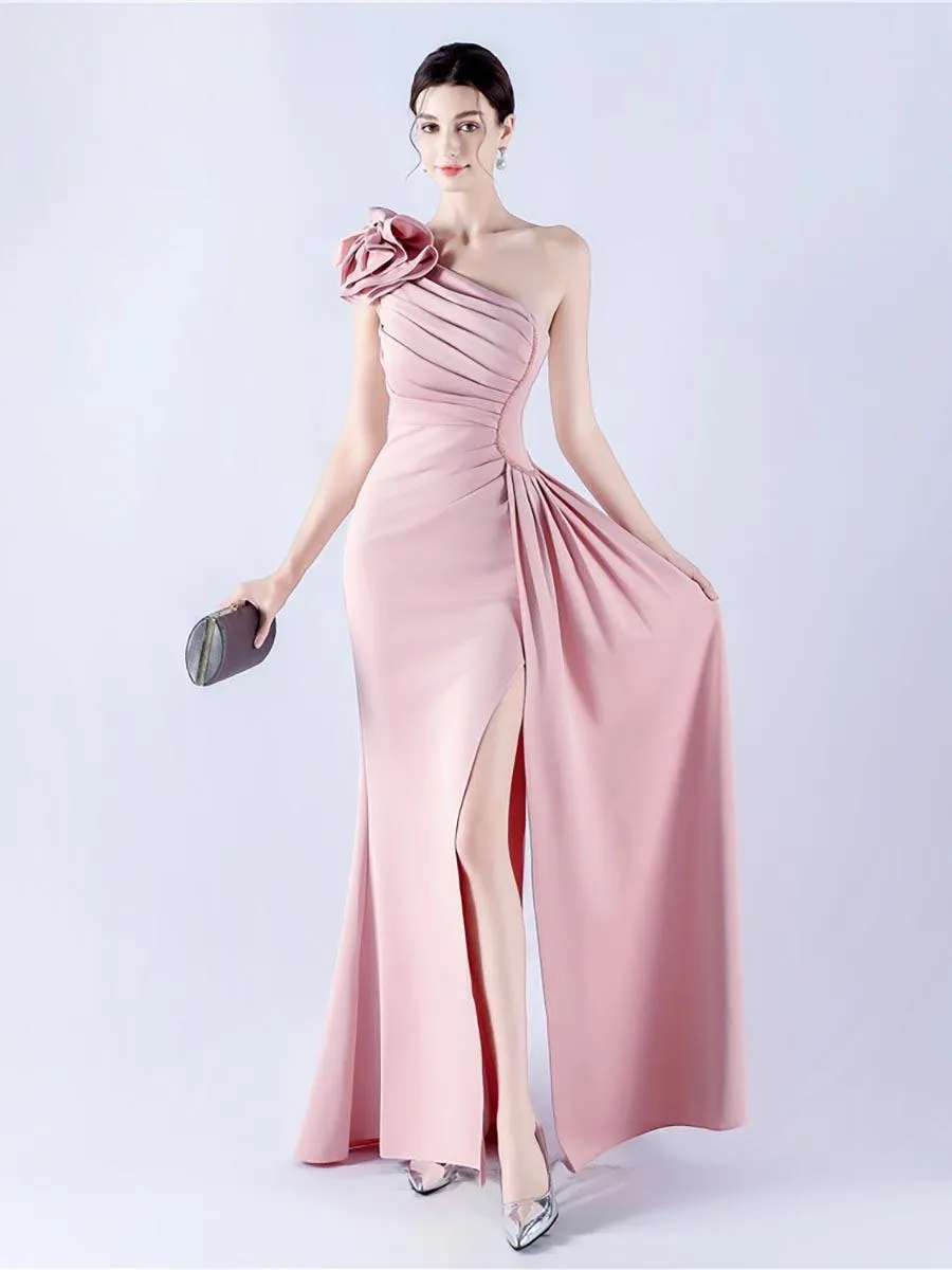 One Shoulder Flower Pleated Draped Prom Dress MYN1002