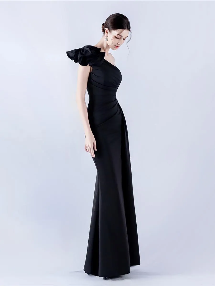 One Shoulder Flower Pleated Draped Prom Dress MYN1002