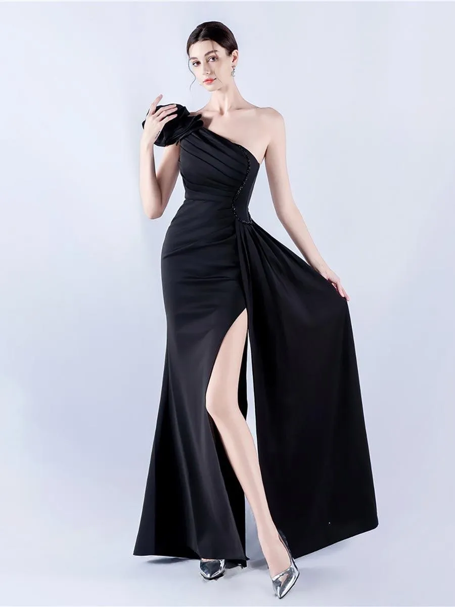 One Shoulder Flower Pleated Draped Prom Dress MYN1002