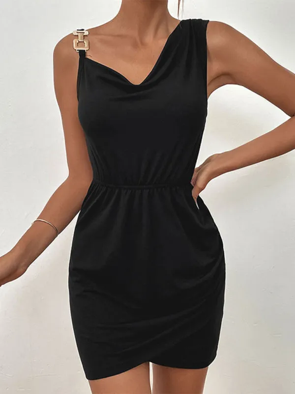 One-Shoulder Mini Dress with Buckle Strap and Asymmetrical Hem