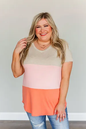 Over The Horizon Color Block Top- Coral, Pink & Oatmeal