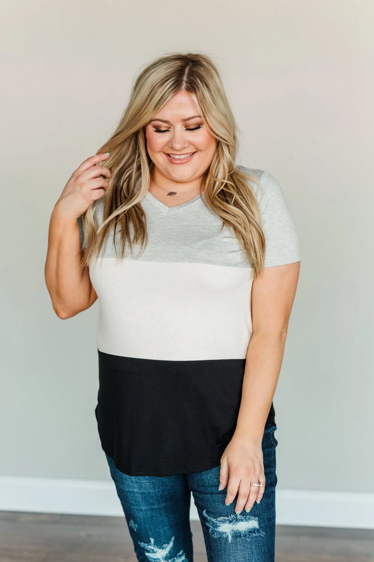 Over The Horizon Color Block Top- Grey, Ivory & Black