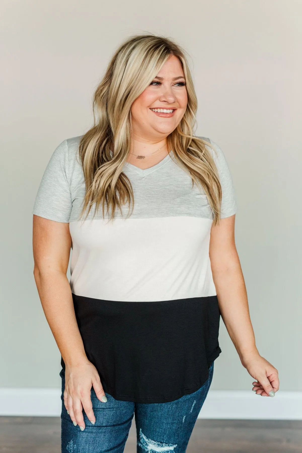 Over The Horizon Color Block Top- Grey, Ivory & Black
