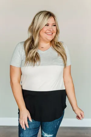 Over The Horizon Color Block Top- Grey, Ivory & Black