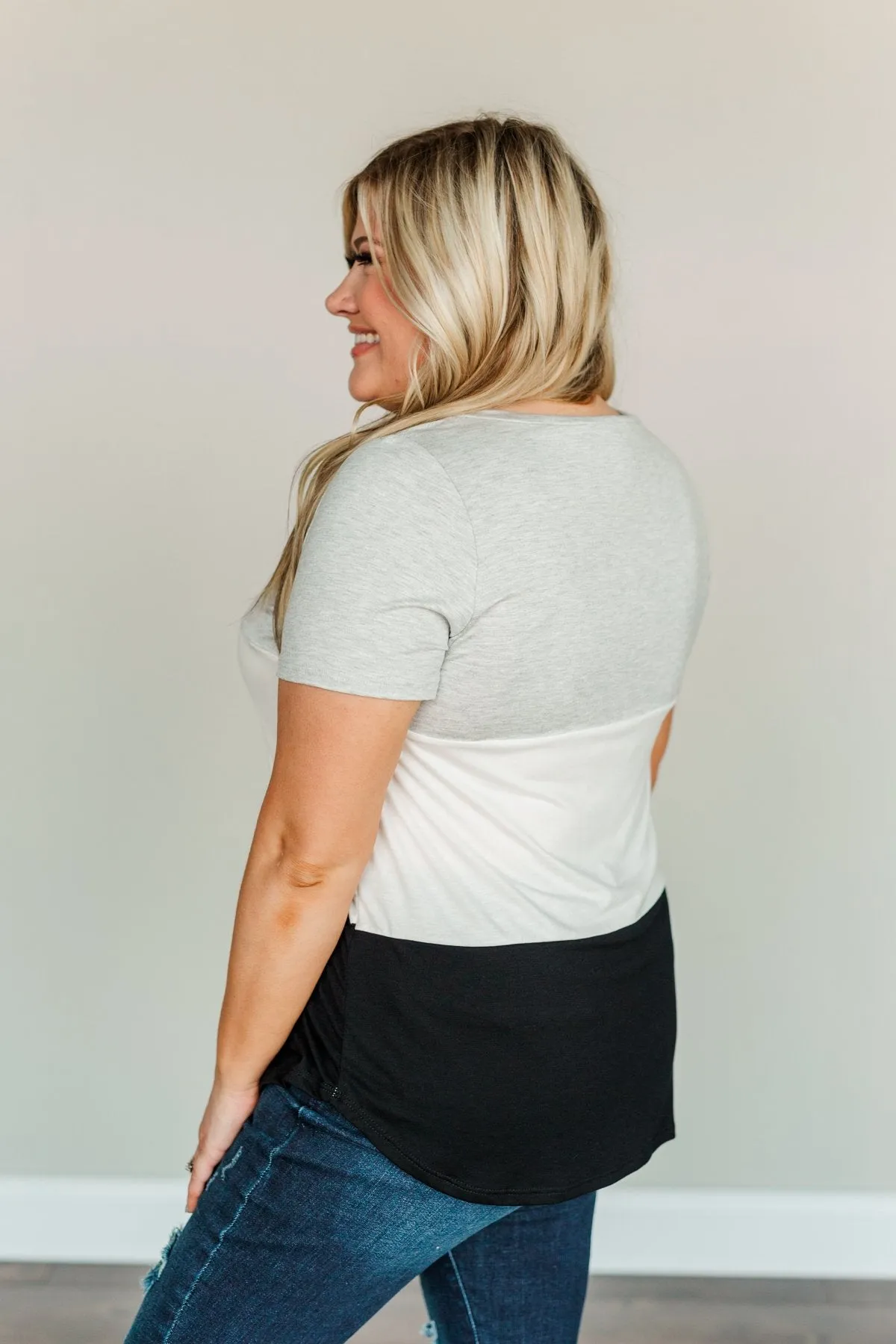 Over The Horizon Color Block Top- Grey, Ivory & Black