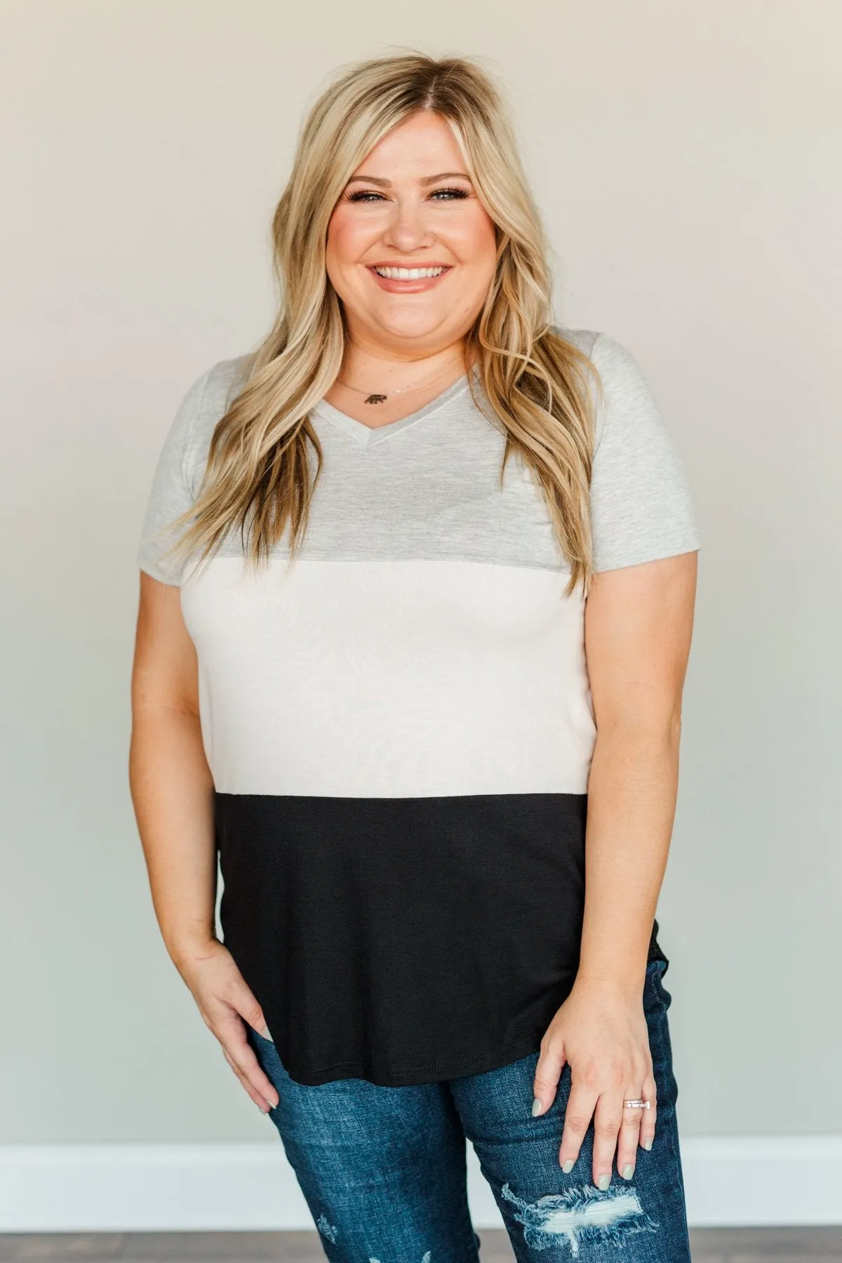 Over The Horizon Color Block Top- Grey, Ivory & Black