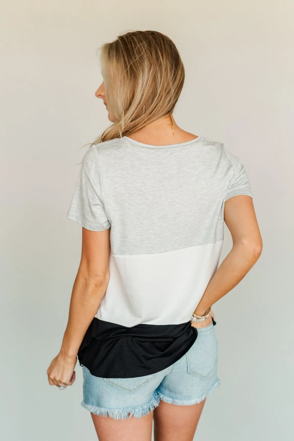 Over The Horizon Color Block Top- Grey, Ivory & Black