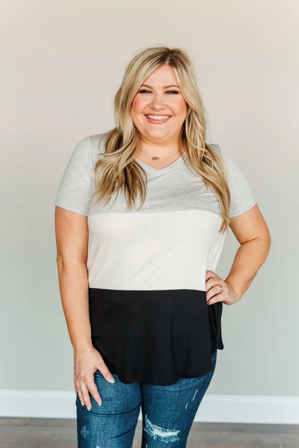 Over The Horizon Color Block Top- Grey, Ivory & Black