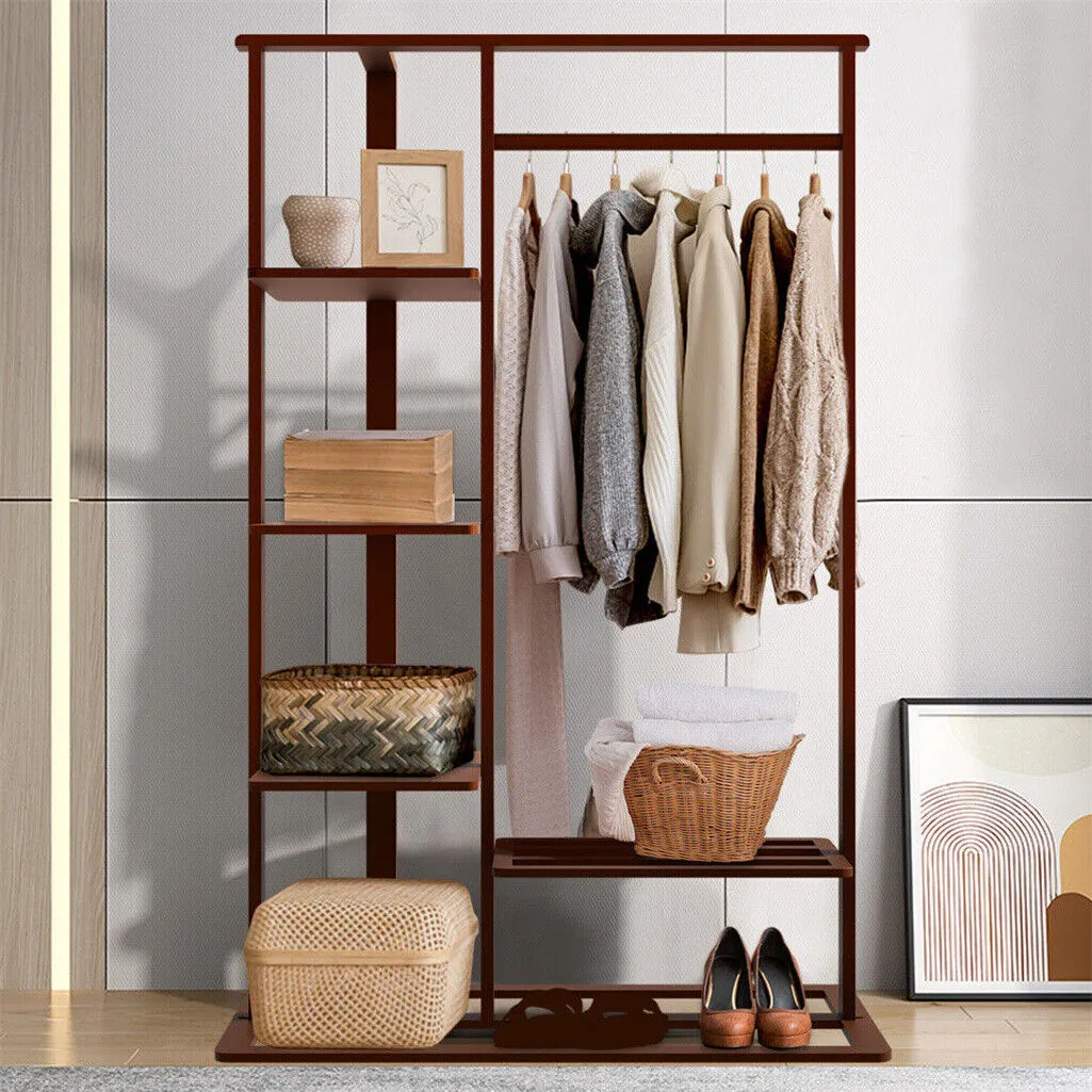 P&P 6 Tier Ladder Strong Wooden Clothes Rail Garment Rack with Top Rod Hanging Shelf