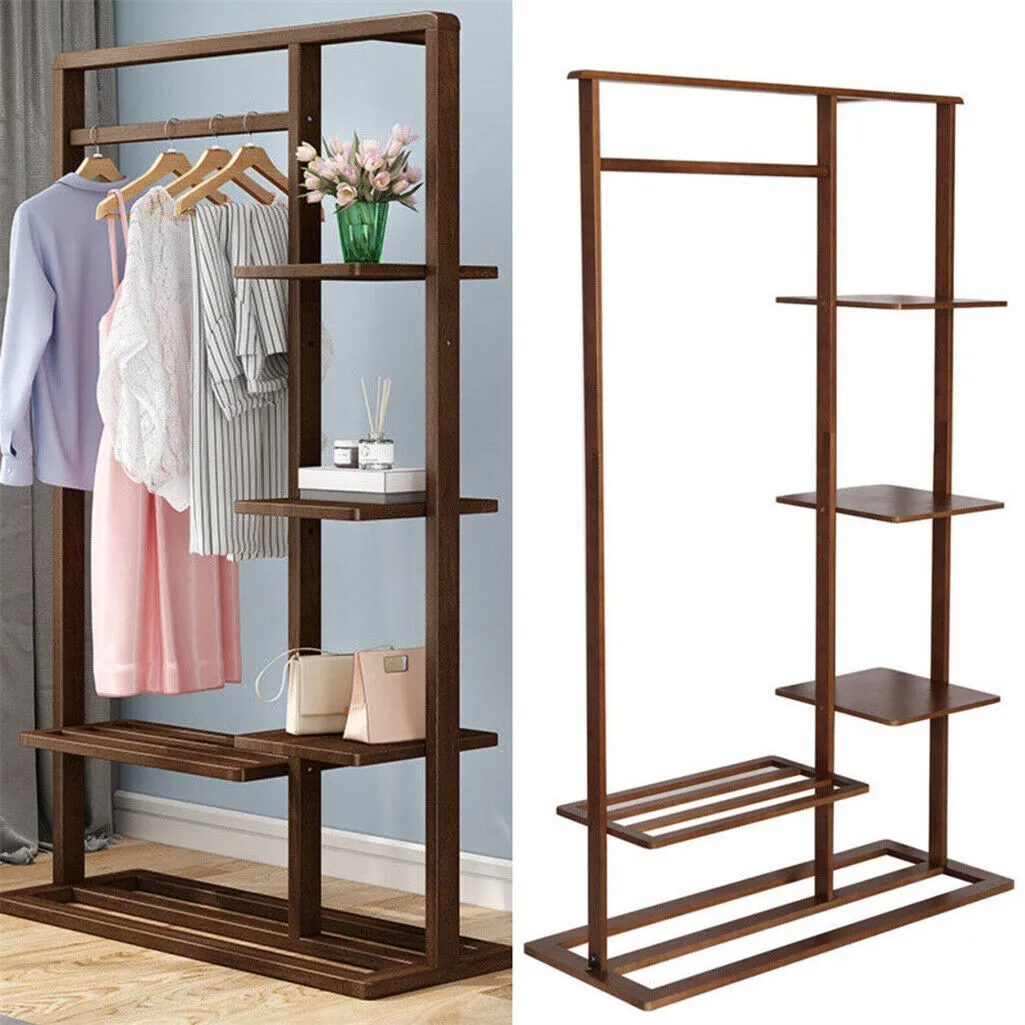 P&P 6 Tier Ladder Strong Wooden Clothes Rail Garment Rack with Top Rod Hanging Shelf