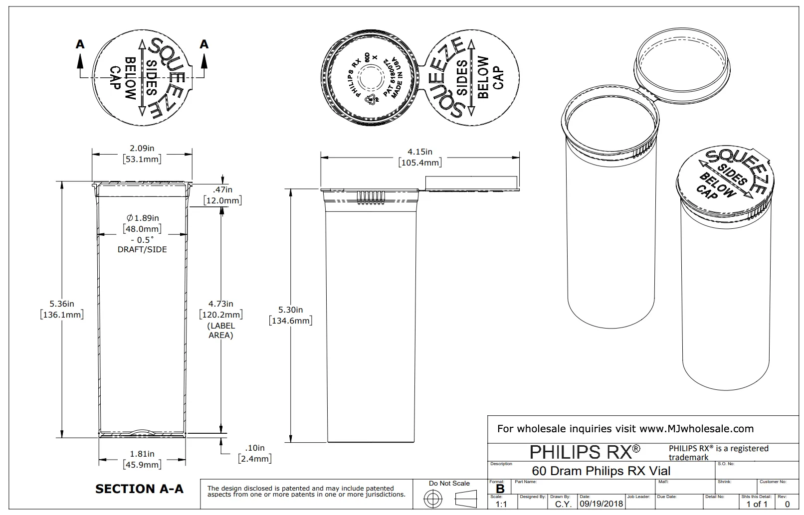 Philips RX 60 Dram Pop Top Vial - 1/2 Oz - Child Resistant -Translucent Clear - (75 Count)