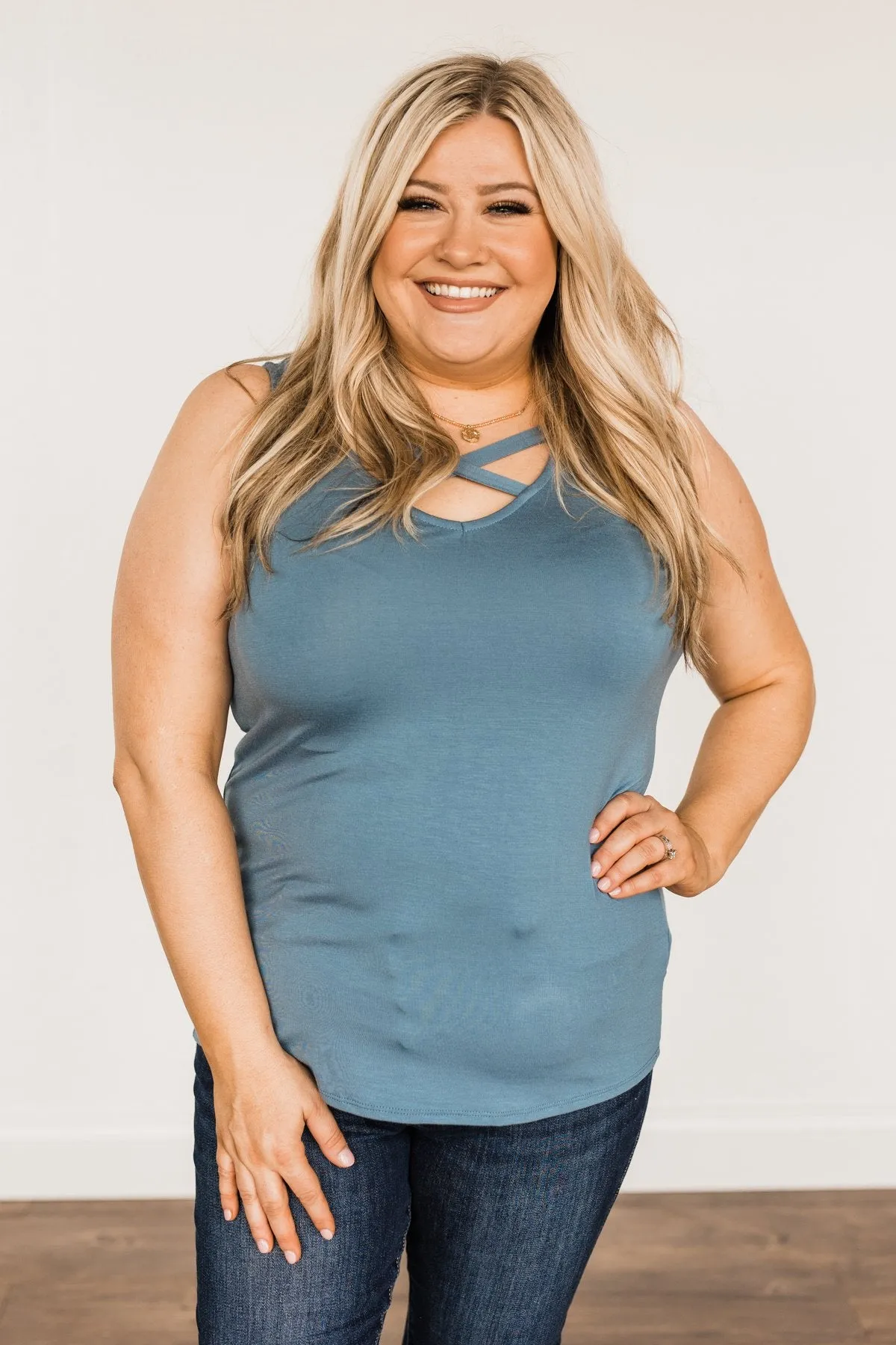 Places to Go Criss-Cross Tank Top- Steel Blue