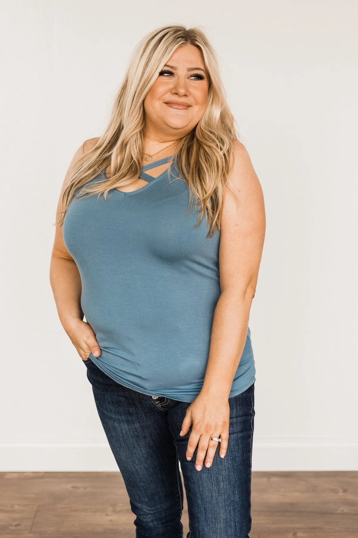 Places to Go Criss-Cross Tank Top- Steel Blue