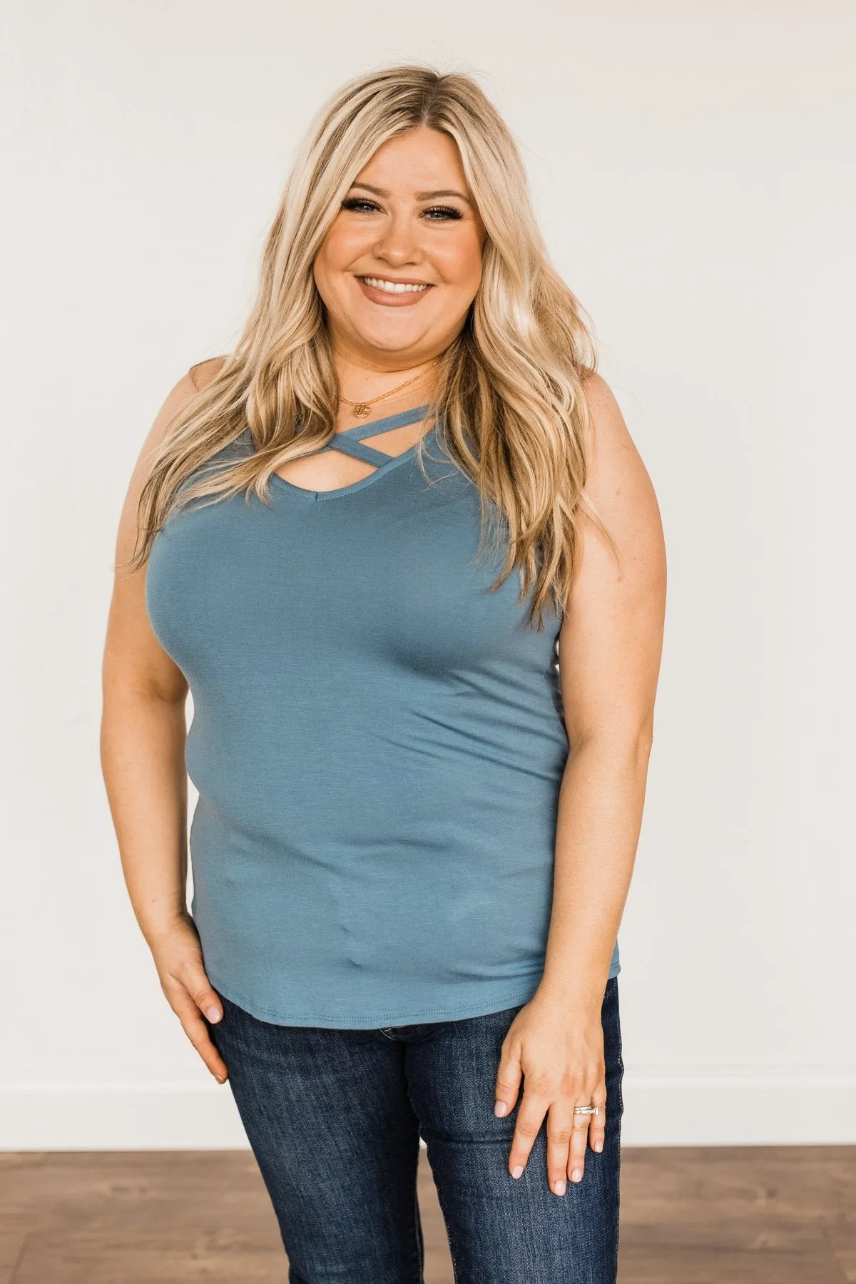 Places to Go Criss-Cross Tank Top- Steel Blue