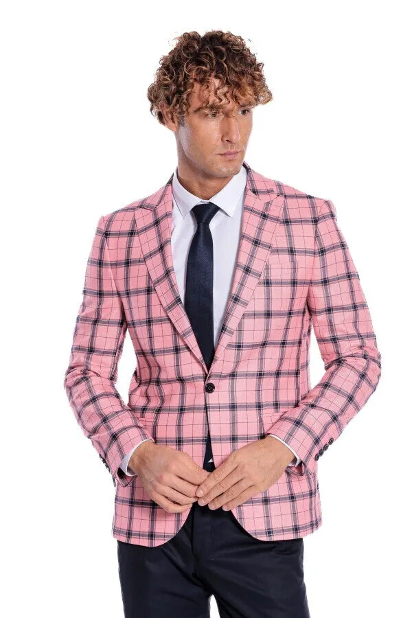 Plaid Slim Fit Pink Men Blazer - Wessi