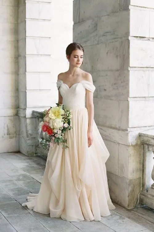 Pleated Off-the-shoulder Ivory Wedding Dress with Chiffon Skirt