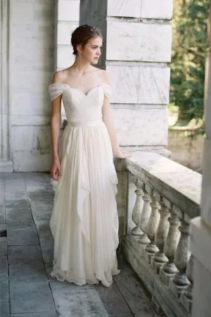 Pleated Off-the-shoulder Ivory Wedding Dress with Chiffon Skirt