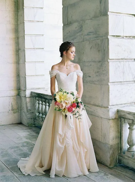 Pleated Off-the-shoulder Ivory Wedding Dress with Chiffon Skirt