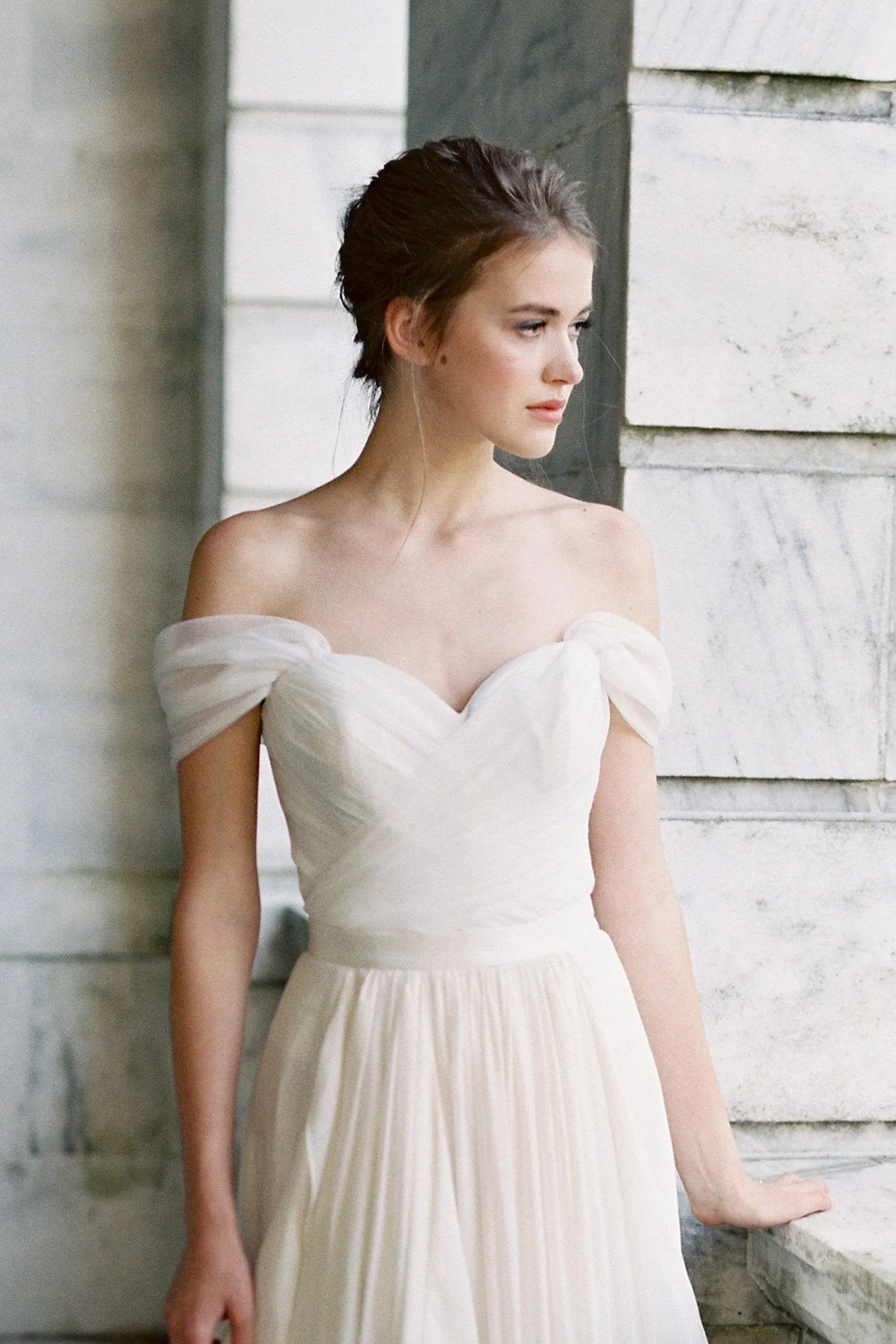 Pleated Off-the-shoulder Ivory Wedding Dress with Chiffon Skirt