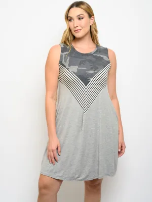 PLUS SIZE SLEEVELESS FRONT POCKET CAMO CONTRAST TUNIC MINI DRESS