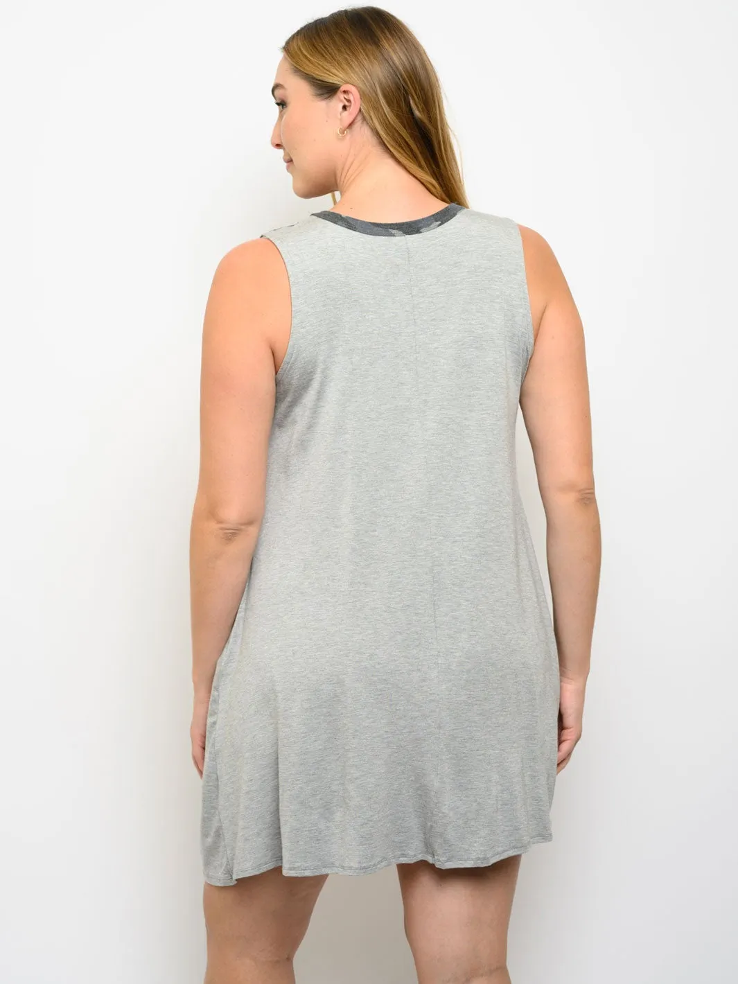 PLUS SIZE SLEEVELESS FRONT POCKET CAMO CONTRAST TUNIC MINI DRESS