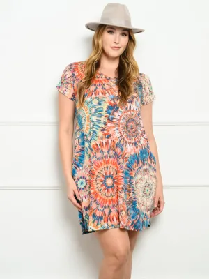 PLUS SIZE V-NECK SHORT SLEEVE MULTI PRINT MINI DRESS