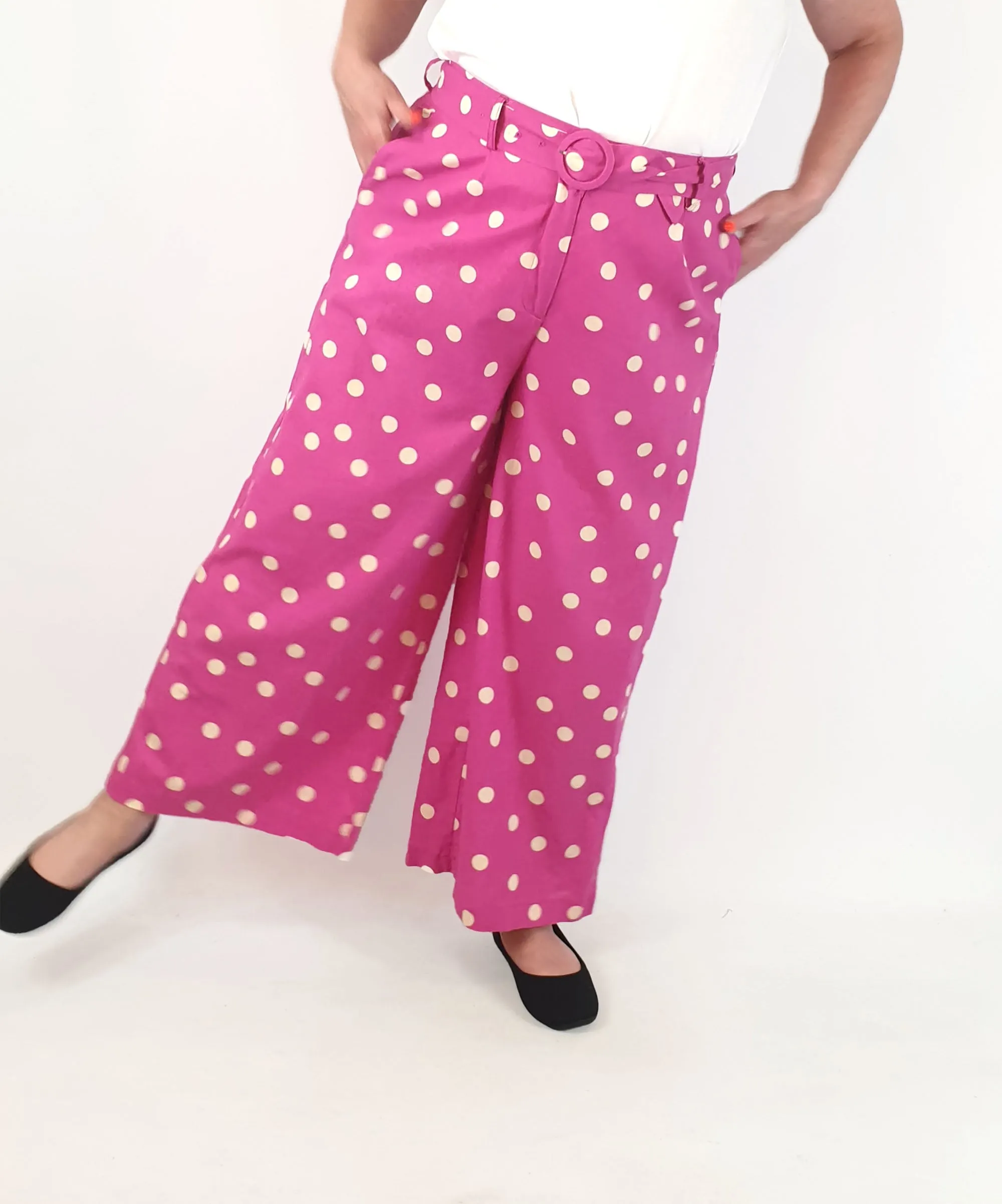 Princess Highway pink polka dot print wide leg pants size 18