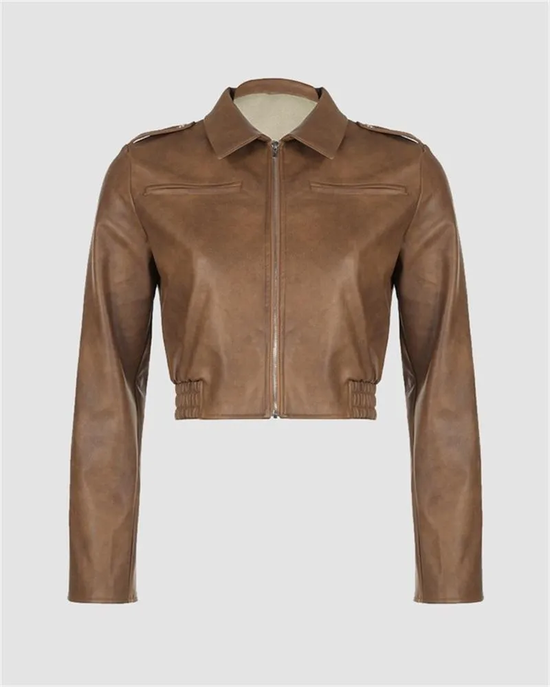 PU Leather Zipper Cropped Jacket