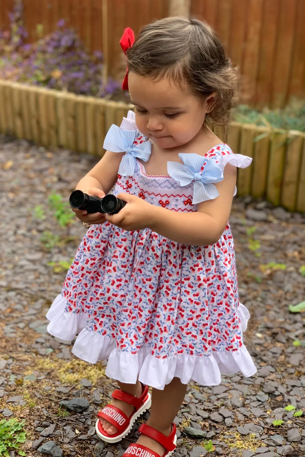 "Birdie" Red Cherry Print Smocked Dress, Bloomers & Headband