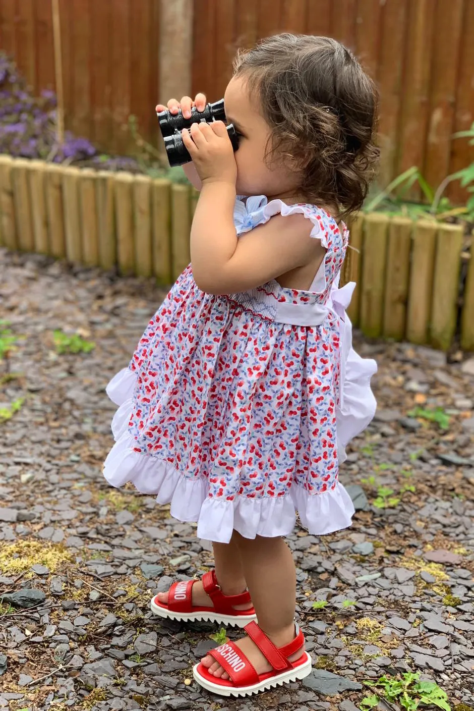 "Birdie" Red Cherry Print Smocked Dress, Bloomers & Headband